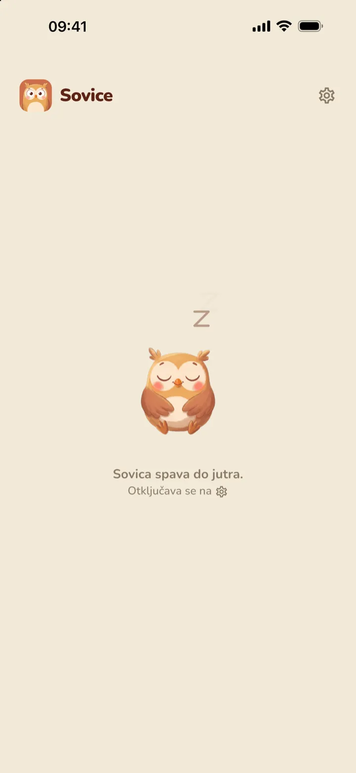 Ekran aplikacije Sovice: Sovica spava do jutra kad istekne dnevno vrijeme igre